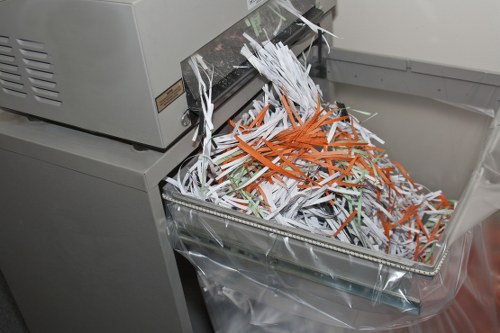 A close-up view of a paper shredding machine with its output tray overflowing with shredded paper, including white, orange, and green paper strips. The shredded material is loosely piled, with some pieces spilling over the edges of the tray. The machine is situated in a well-lit indoor environment, possibly within an office or secure document storage area, with part of the machine's grey body and control panel visible in the background. The shredded paper appears to be standard office paper, showing varying lengths and textures characteristic of freshly shredded documents. The environment suggests a professional setting where document destruction is carried out, aligning with rubbish removal services such as those offered by Commercial Waste High Wycombe, specialising in waste management for local businesses within the High Wycombe postcode area.
