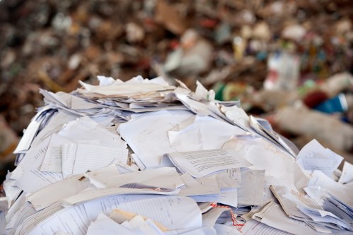 Workers loading a van with boxed office waste in a town centre location