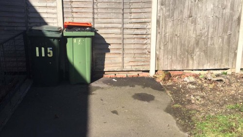 Two wheelie bins, one black and one green, are positioned on a paved driveway next to a wooden fence and a large wooden gate. The black bin has the number 115 painted in white on its side, while the green bin has a lid in a contrasting orange color. The driveway surface is dark gray with a damp patch near the bins, and the environment suggests an outdoor area typical of a property boundary in High Wycombe. The wooden fence and gate are weathered, with vertical planks, and the surrounding ground includes a small patch of soil and sparse vegetation. This scene illustrates the typical setup for waste collection, with Commercial Waste High Wycombe potentially providing rubbish removal services for residential or commercial properties in the local area. The lighting indicates a partly sunny day, casting shadows on the ground and the bins, emphasizing the outdoor domestic or small business waste management context.
